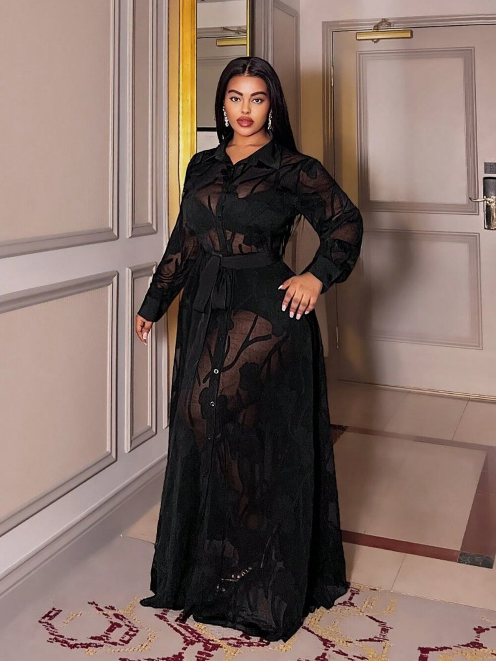 Black Elegant Women's Plus Size Long Sleeve Front Button Sheer maxi Dress - Picture 6 of 6